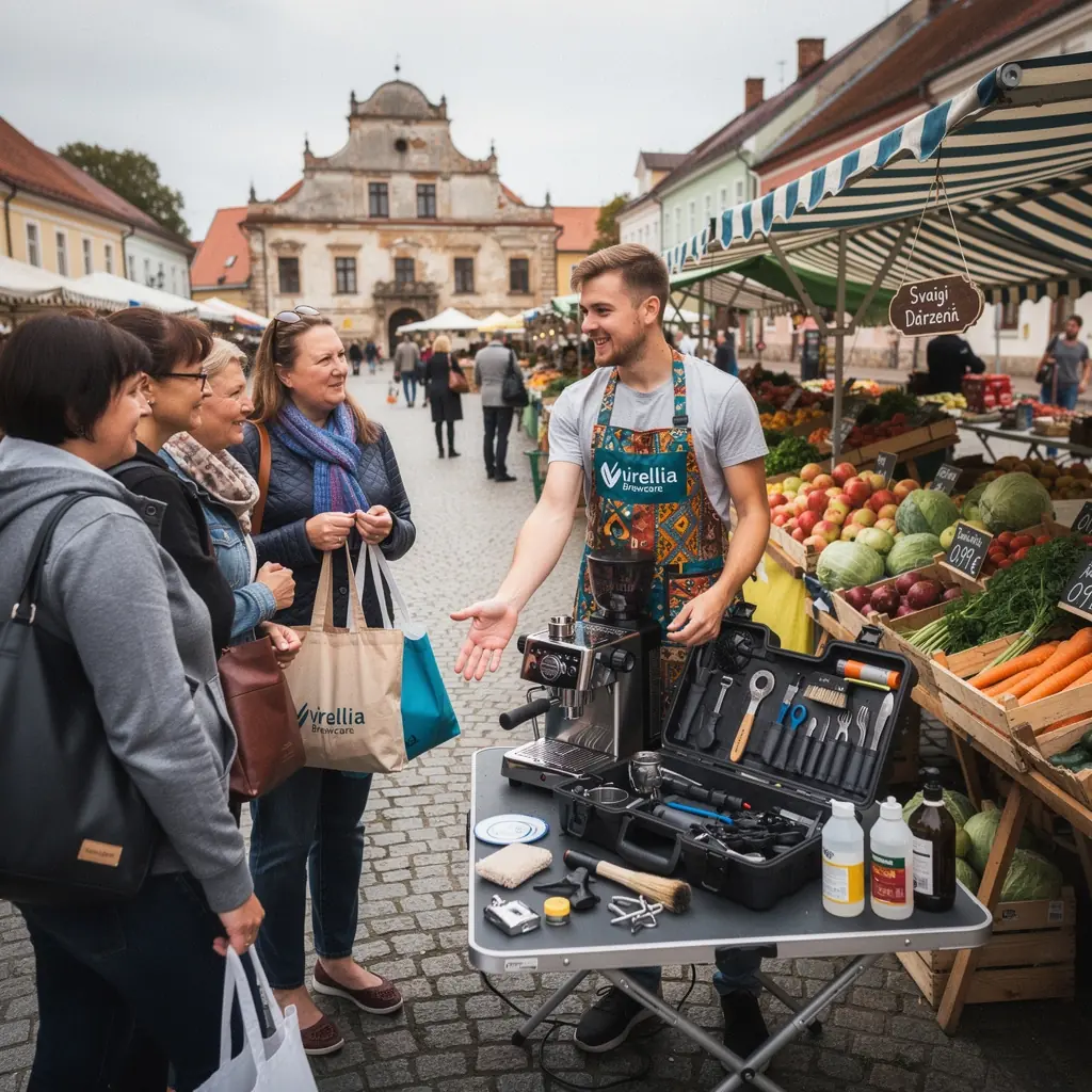 Kafijas automāts pēc profesionālas tīrīšanas, gatavs lietošanai.